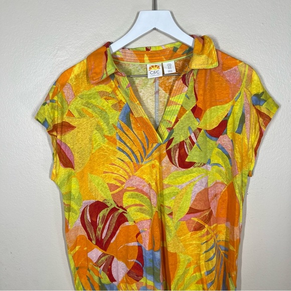 C&C California Women’s Tropical Linen Blend Collared Dress Multicolor Vibrant - Picture 2 of 9